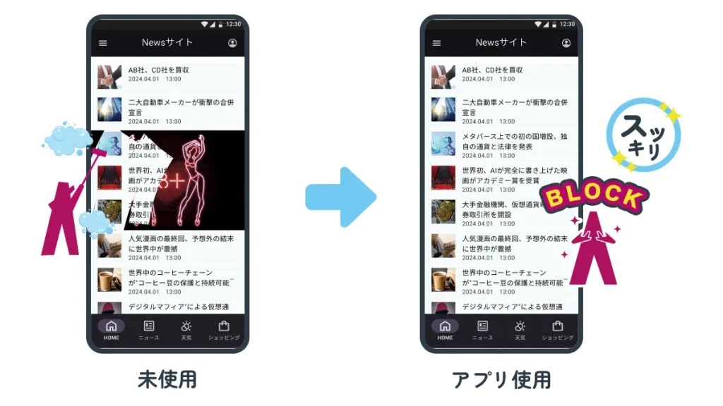 アドクリーナーアプリ未使用・使用の比較