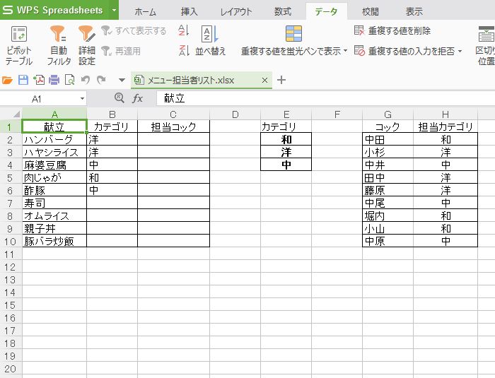 WPSスプレッドシート プルダウンリストの作り方