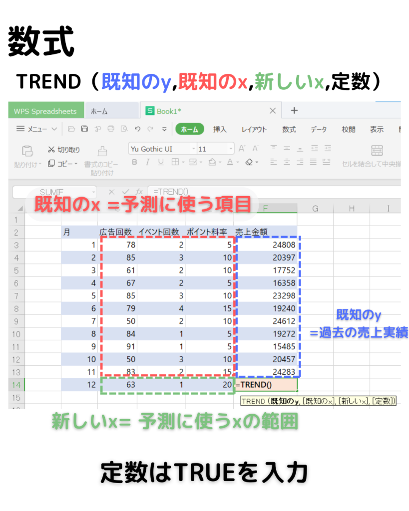 エクセル TREND関数 重回帰分析