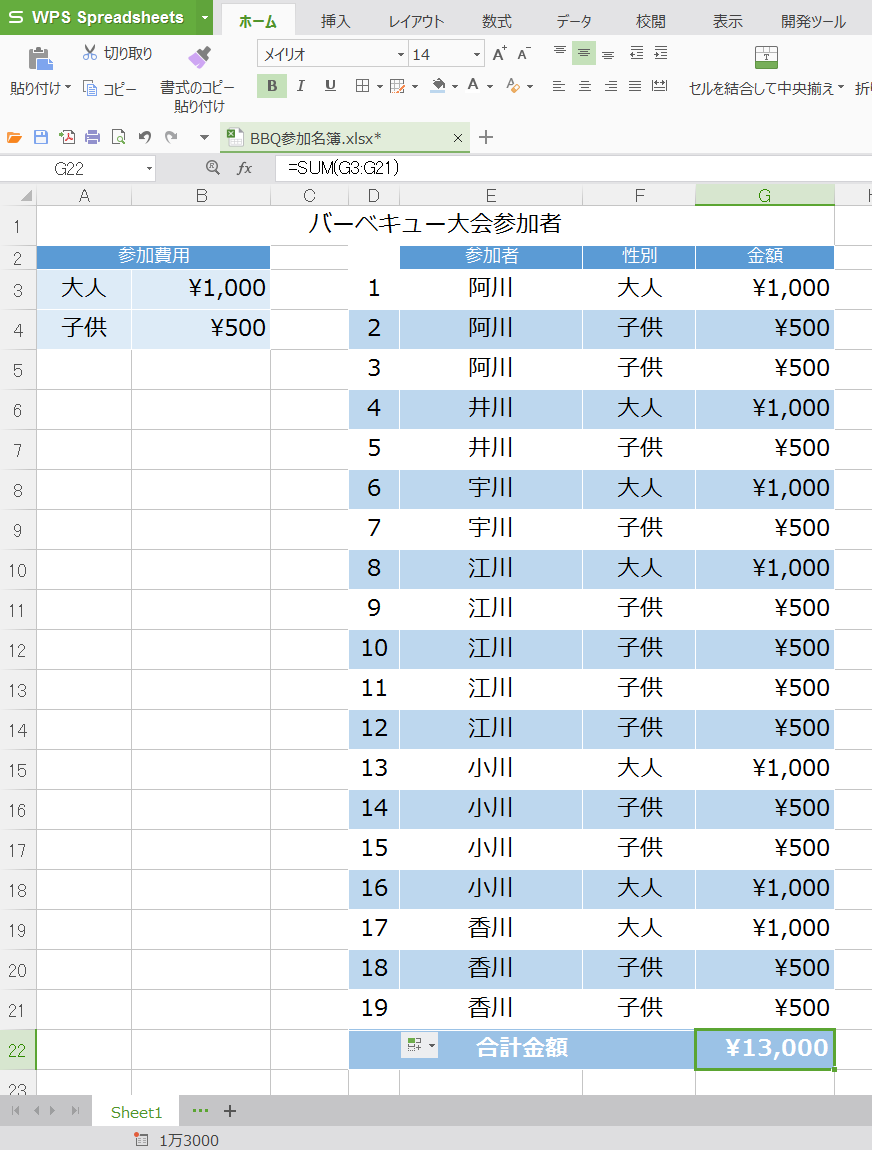 if関数 会費集計名簿